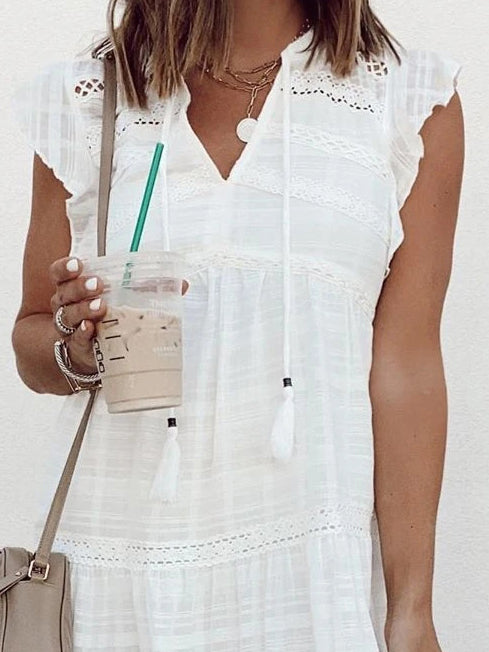 Fringed V-neck Ruffle Sleeve Dress - LuckyFash™