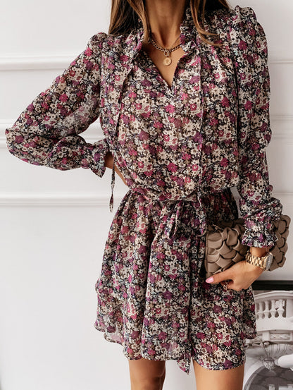 Printed Waist Long Sleeve Mini Dress - LuckyFash™