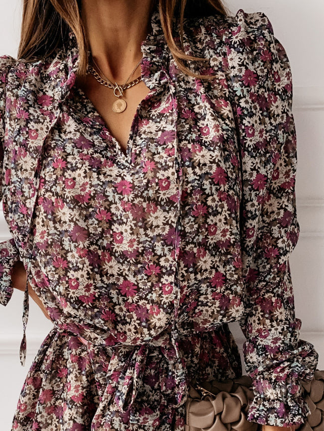Printed Waist Long Sleeve Mini Dress - LuckyFash™
