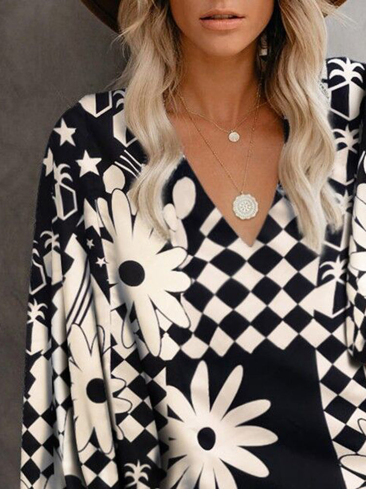 Fashion Print V Neck Long Sleeve Blouses - LuckyFash™