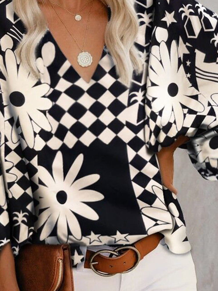 Fashion Print V Neck Long Sleeve Blouses - LuckyFash™