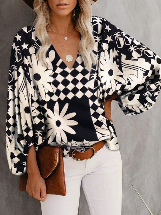 Fashion Print V Neck Long Sleeve Blouses - LuckyFash™