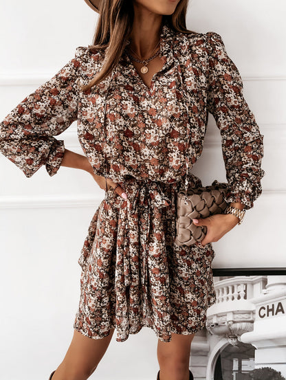 Printed Waist Long Sleeve Mini Dress - LuckyFash™