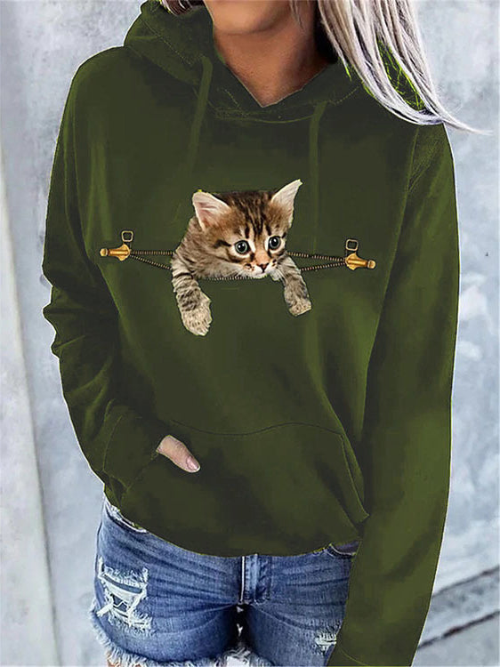 Women's Hoodies Cat Print Pocket Long Sleeve Hoodie - LuckyFash™