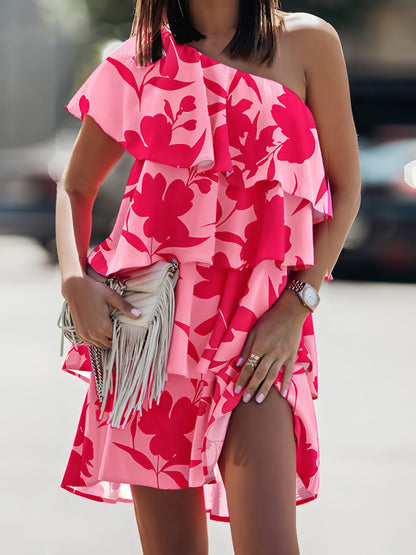 Dresses Sloping Shoulder Ruffle Print Dress - LuckyFash™