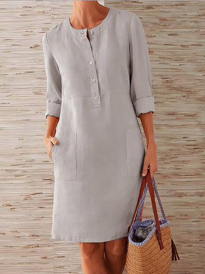 Dresses Cotton Linen Temperament Round Neck Long Sleeve Mini Dress - LuckyFash™