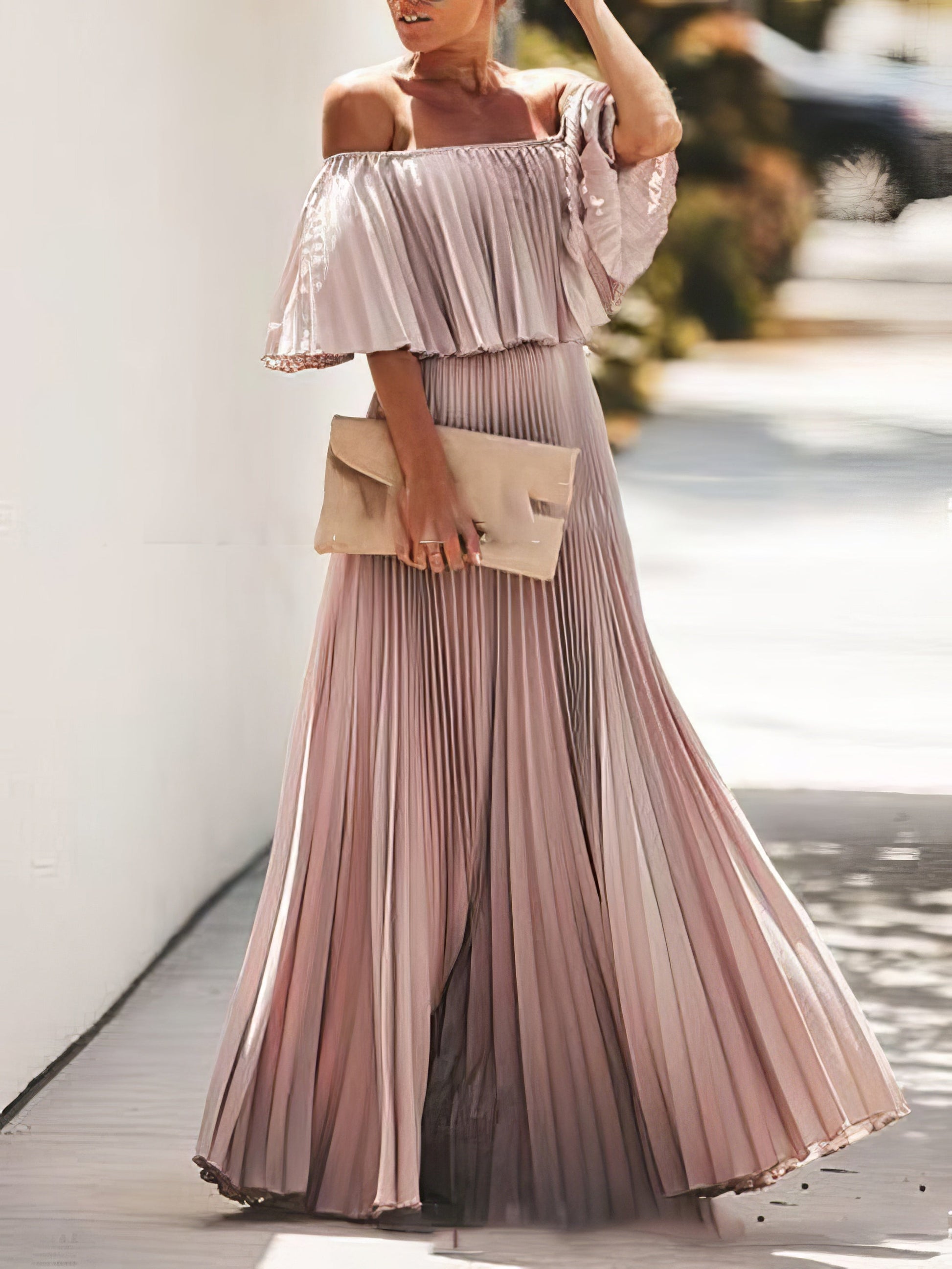 Dresses Boat Neck One-Shoulder Pleated Chiffon Dress - LuckyFash™