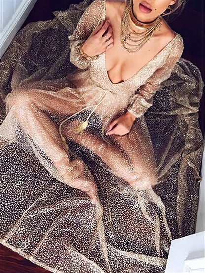 Dresses Gold Glitter Tie Mesh Long Sleeve Dress - LuckyFash™
