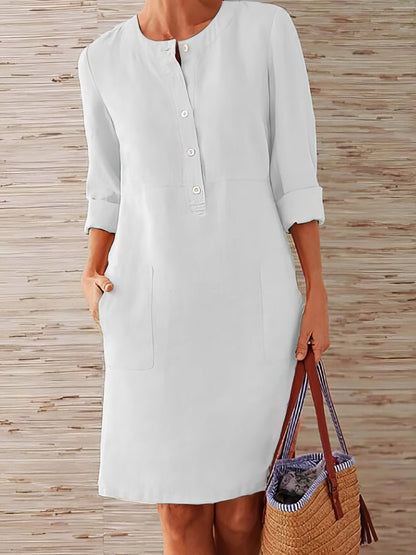 Dresses Cotton Linen Temperament Round Neck Long Sleeve Mini Dress - LuckyFash™