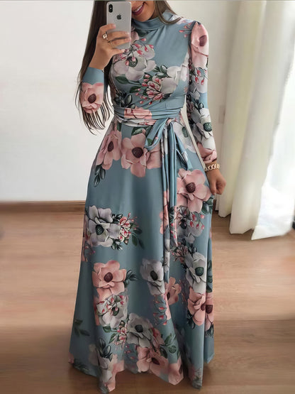 Dresses High Neck Floral Print Tie Long Sleeve Dress - LuckyFash™
