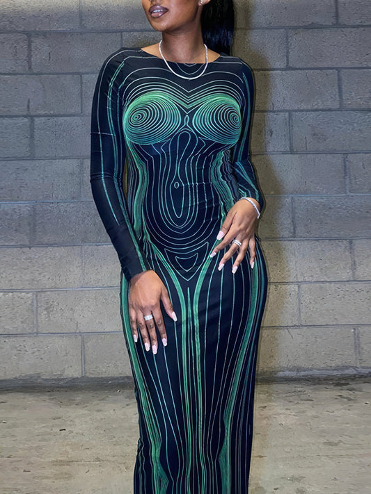 Dresses Printed Backless Slim Round Neck Long Sleeve Maxi Dress - LuckyFash™