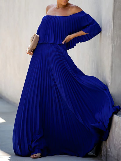Dresses Boat Neck One-Shoulder Pleated Chiffon Dress - LuckyFash™