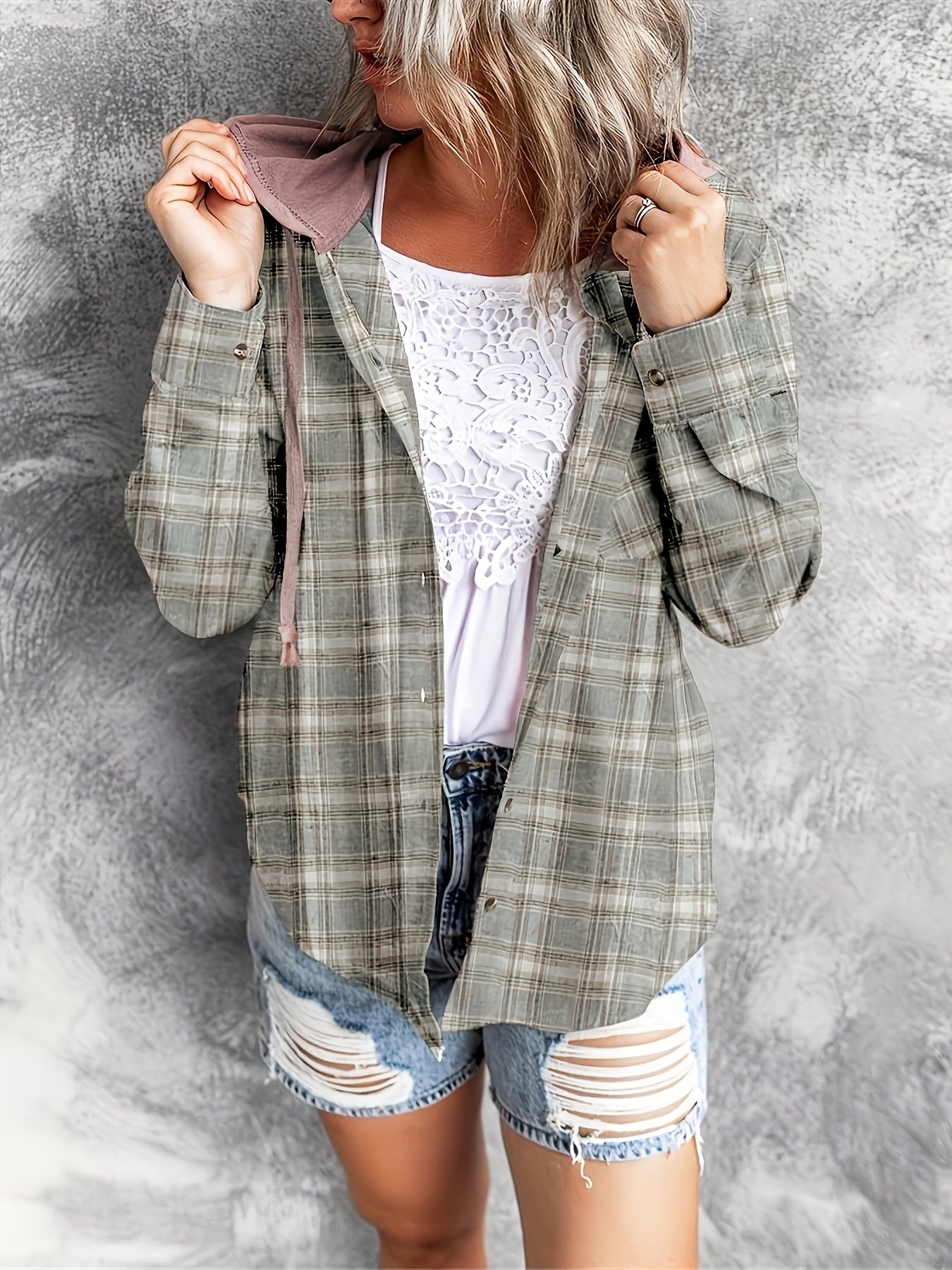 Plaid Print Hooded Shirt, Casual Long Sleeve Drawstring Shirt, Women's Clothing