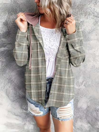 Plaid Print Hooded Shirt, Casual Long Sleeve Drawstring Shirt, Women's Clothing