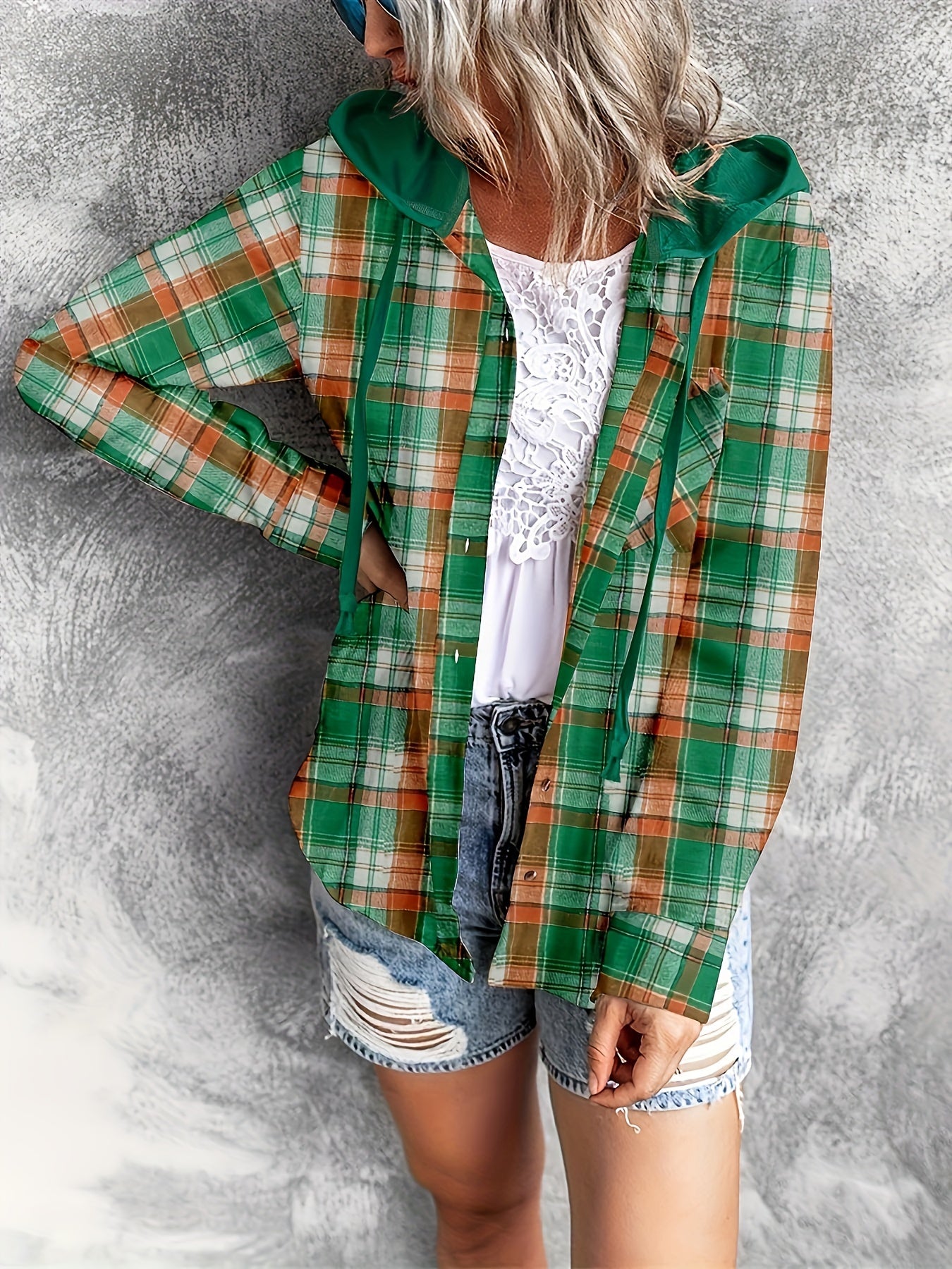 Plaid Print Hooded Shirt, Casual Long Sleeve Drawstring Shirt, Women's Clothing