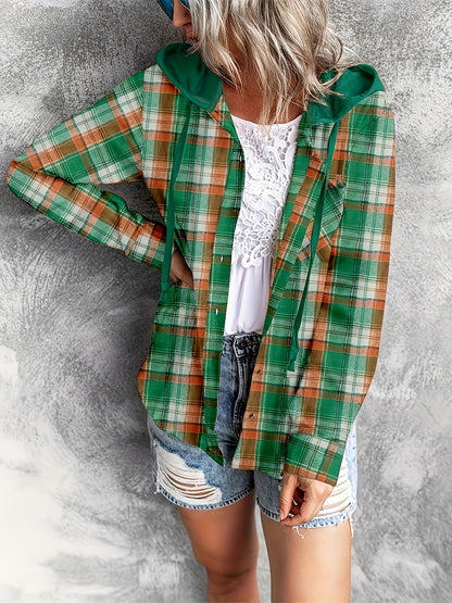 Plaid Print Hooded Shirt, Casual Long Sleeve Drawstring Shirt, Women's Clothing