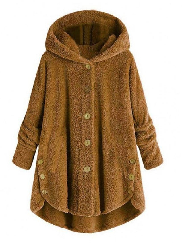 Fleece Jacket Pullover Sherpa Fleece Teddy Button Front Pocket claret turmeric Black Solid Color Street Hoodie Plus Size Long Sleeve Fleece for Women - LuckyFash™