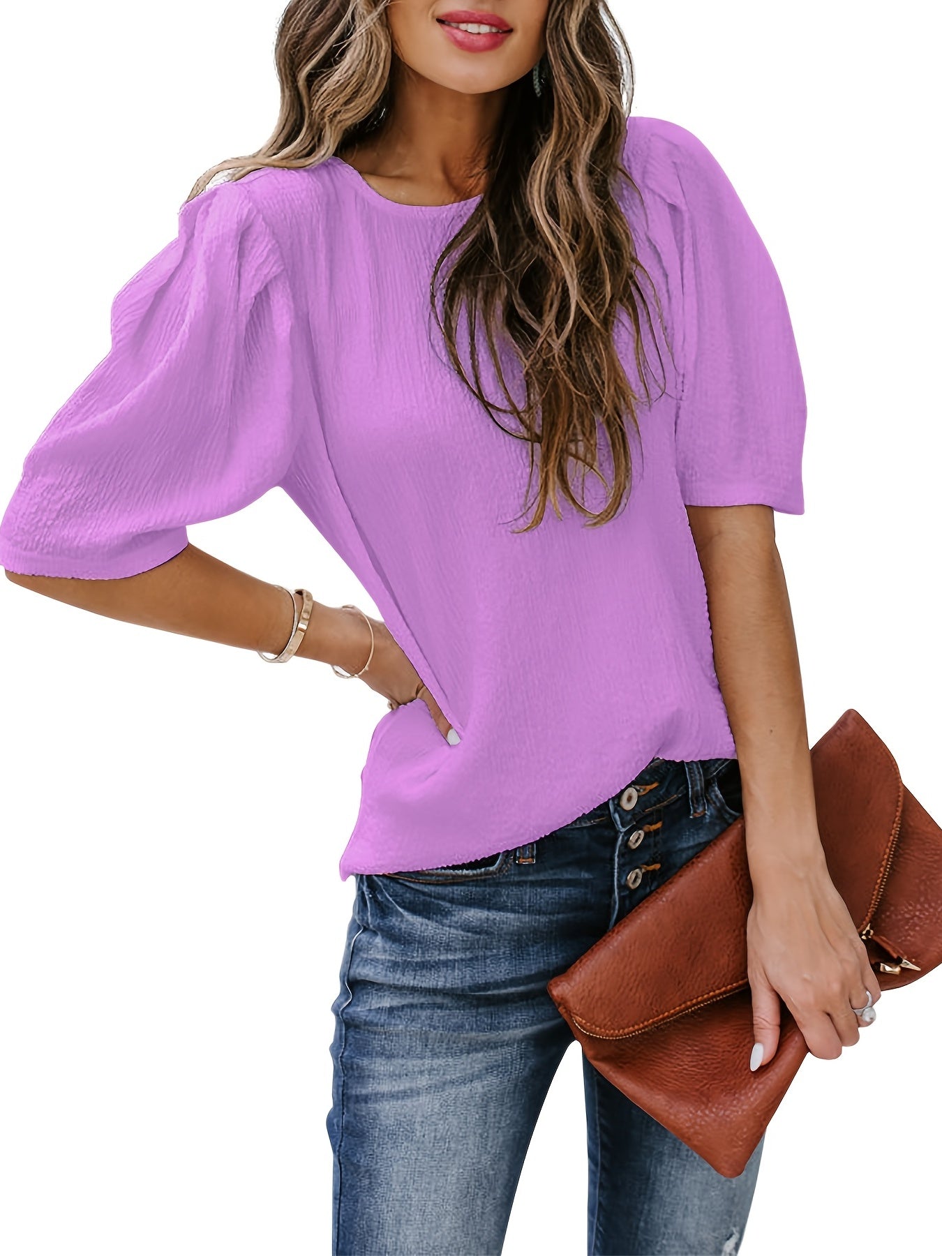 Solid Short Sleeve Blouse, Crew Neck Casual Every Day Top For Summer & Spring, Women's Clothing