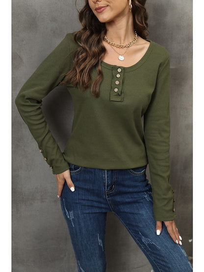 Henley Shirt Pullover Sweatshirt Black White Red Plain Button Long Sleeve Casual Basic Round Neck Regular S for Women - LuckyFash™