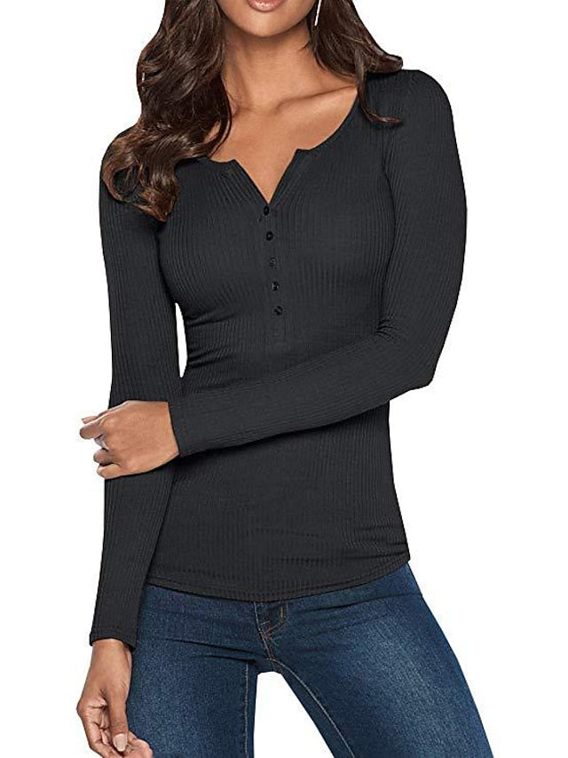 Women's Henley Shirt T shirt Tee Black White Yellow Plain Button Long Sleeve Casual Daily Basic Crew Neck Regular S - LuckyFash™