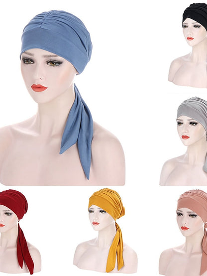 Muslim Women Stretch Solid Wrinkle Turban Hat Cancer Chemo Beanies Caps Pre-Tied Scarf Headwear Headwrap Simple Hair Accessories - LuckyFash™