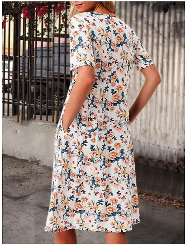 Women's Floral Dress Knee Length Dress Orange Red Short Sleeve Floral Pocket Print Spring Summer Crew Neck Casual 2022 M L XL XXL 3XL - LuckyFash™