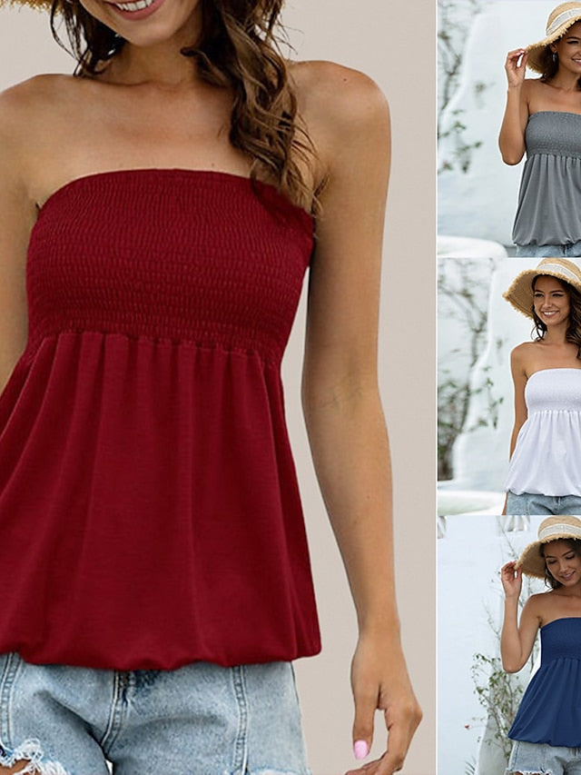 Going Out Tops Bandeau Concert Tops Black White Wine Plain Smocked Strapless Sleeveless Party Holiday Streetwear Hawaiian Sexy Strapless Regular Slim S for Women - LuckyFash™