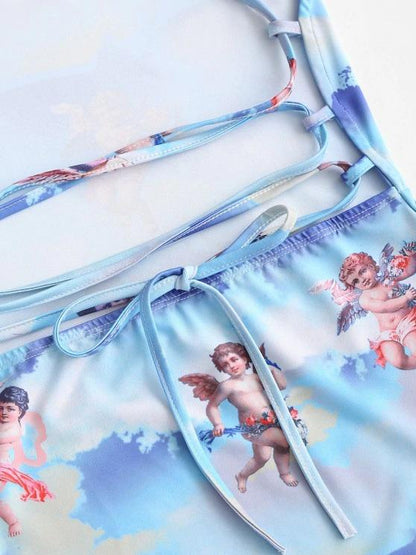 Angel Print Lace Up Renaissance Art Mini Dress - LuckyFash™