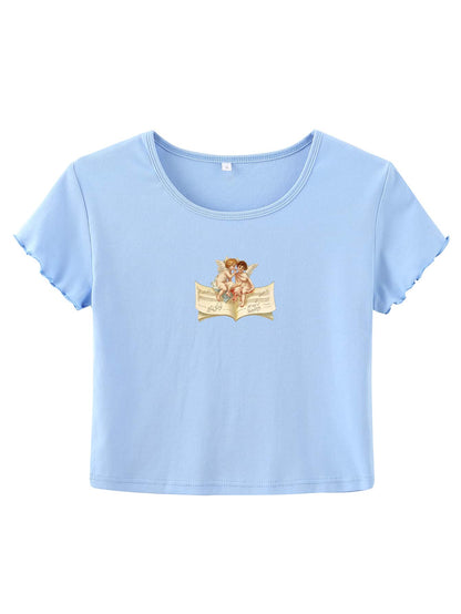 Angel Print Lettuce Trim Tee - LuckyFash™