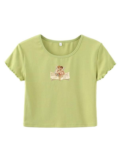 Angel Print Lettuce Trim Tee - LuckyFash™