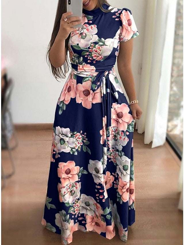 Women's Floral Casual Dress Swing Dress Floral Dress Long Dress Maxi Dress Black Navy Blue Light Blue Short Sleeve Lace up Spring Summer Turtleneck Hot Slim 2023 S M L XL XXL 3XL 4XL 5XL - LuckyFash™