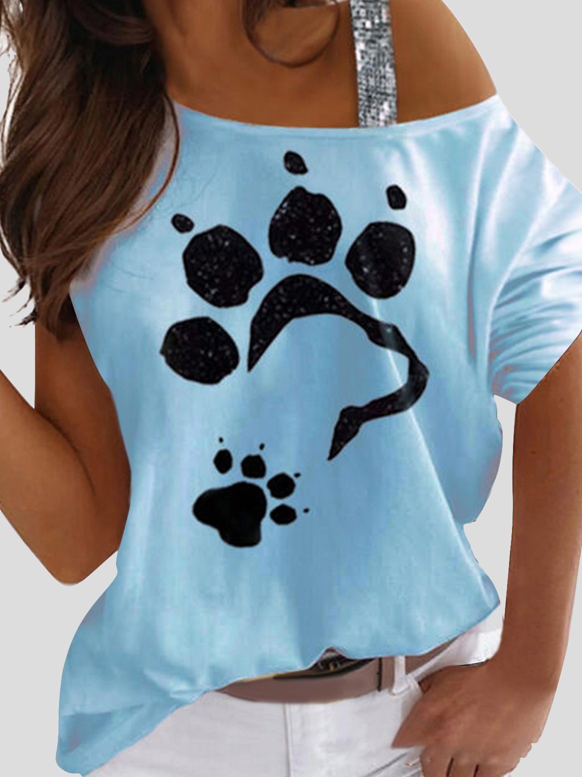 Animal Footprint Print Off Shoulder Casual Short Sleeve T-Shirt - LuckyFash™