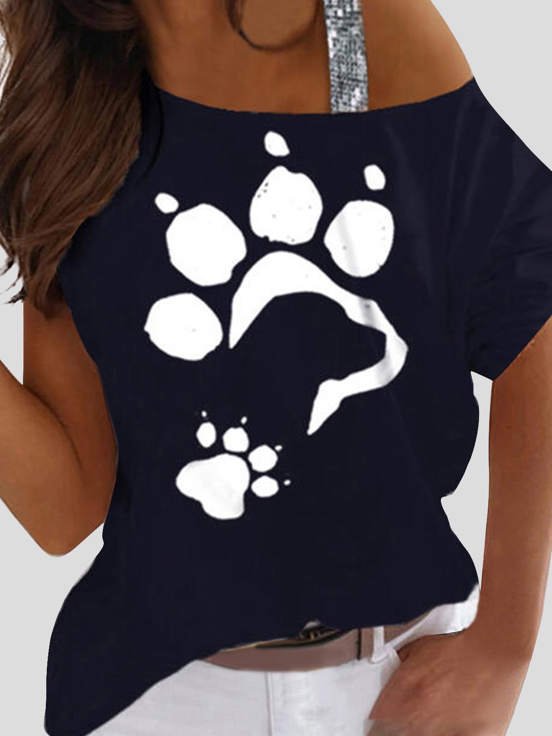 Animal Footprint Print Off Shoulder Casual Short Sleeve T-Shirt - LuckyFash™