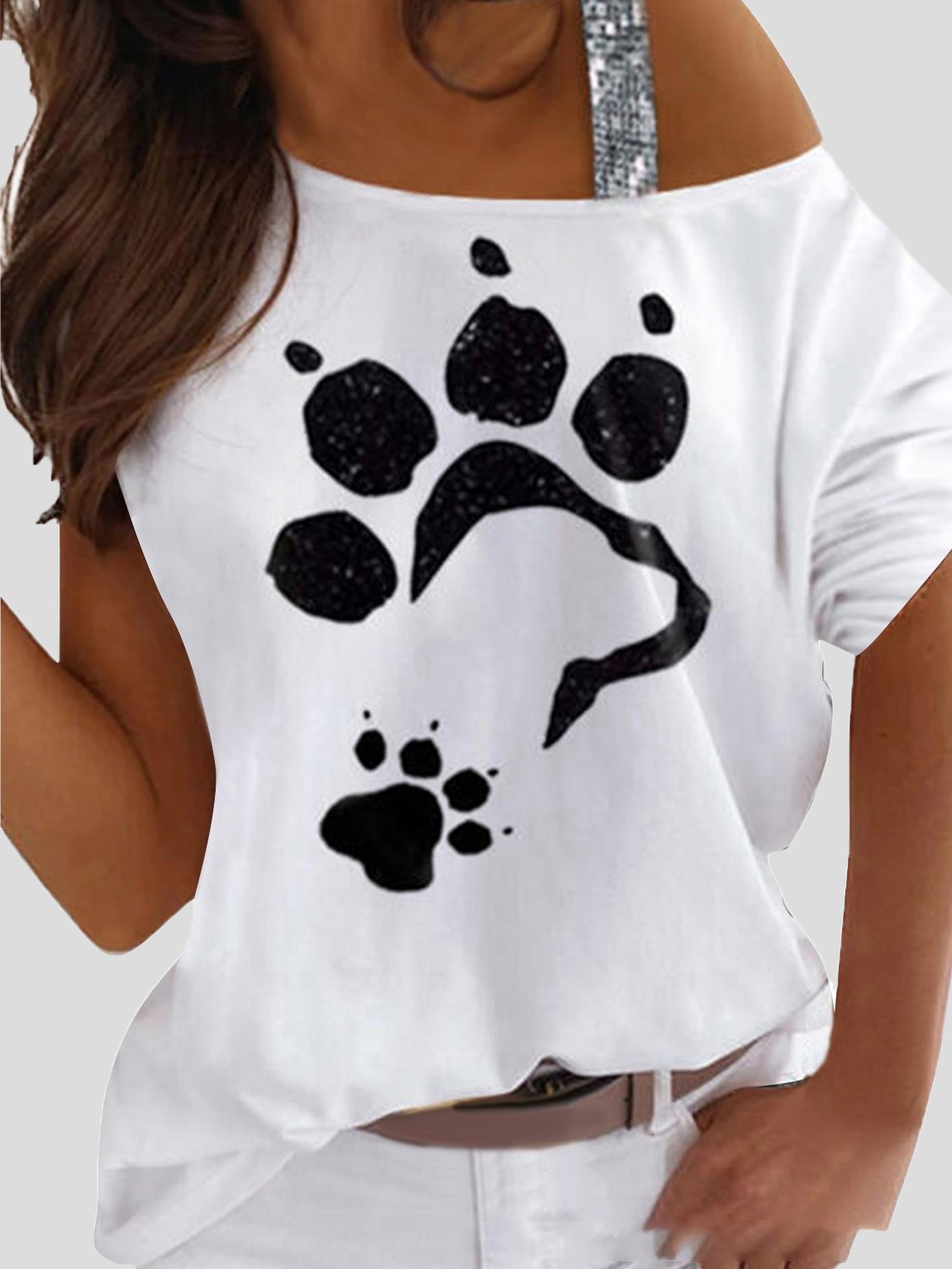Animal Footprint Print Off Shoulder Casual Short Sleeve T-Shirt - LuckyFash™