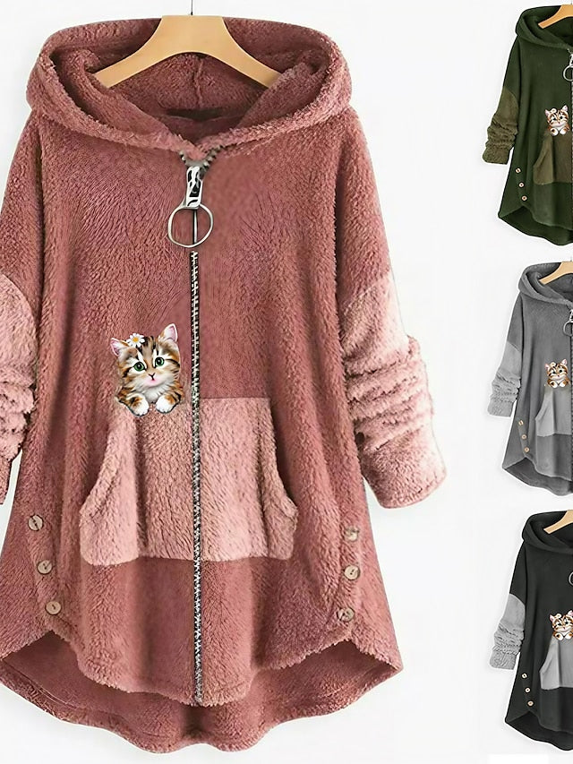Fleece Jacket Pullover Casual Sherpa Fleece Teddy Zip Up Front Pocket Black Light Green Pink Cat Street Hoodie Plus Size Long Sleeve Fleece for Women - LuckyFash™