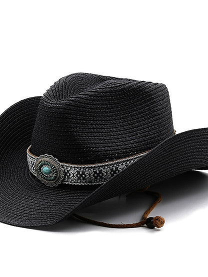 Turquoise Decoration Western Cowboy Hat Men Women Cowgirl Summer Straw Hats For Lady Sun Hat Beach Cowgirl Jazz Hat - LuckyFash™