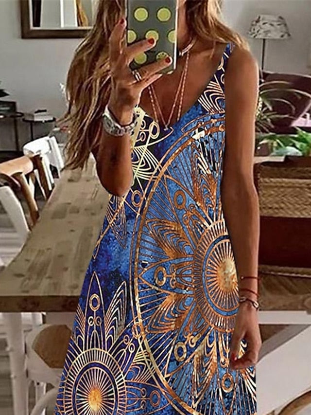 Women's Ethnic Dress Strap Dress A Line Dress Long Dress Maxi Dress Blue Sleeveless Print Print Spring Summer V Neck Vacation Weekend 2023 S M L XL XXL 3XL - LuckyFash™
