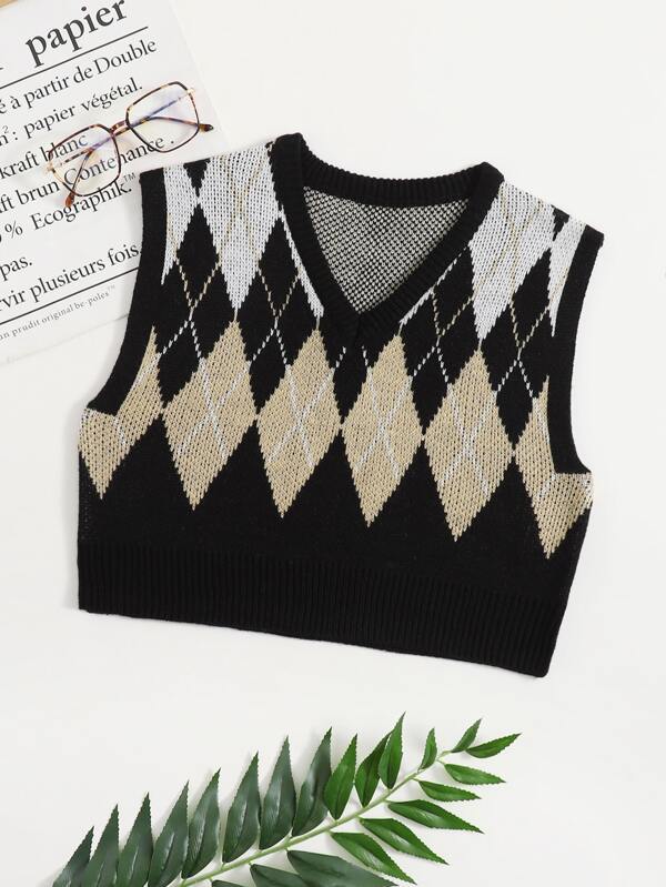 Argyle Pattern Crop Sweater Vest - LuckyFash™
