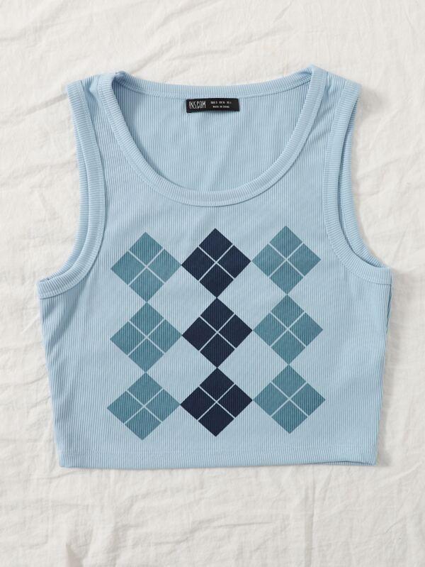 Argyle Print Rib-knit Tank Crop Top - LuckyFash™