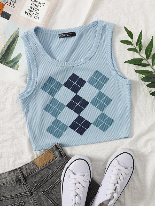 Argyle Print Rib-knit Tank Crop Top - LuckyFash™