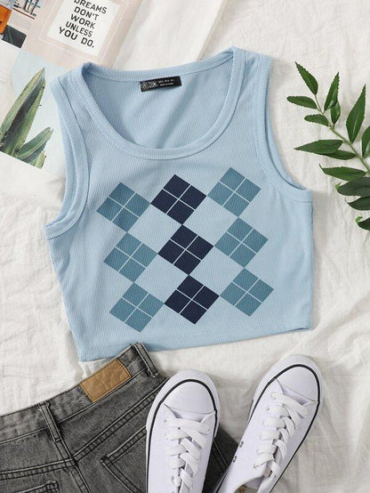 Argyle Print Rib-knit Tank Crop Top - LuckyFash™