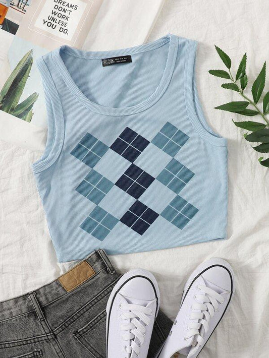 Argyle Print Rib-knit Tank Crop Top - LuckyFash™
