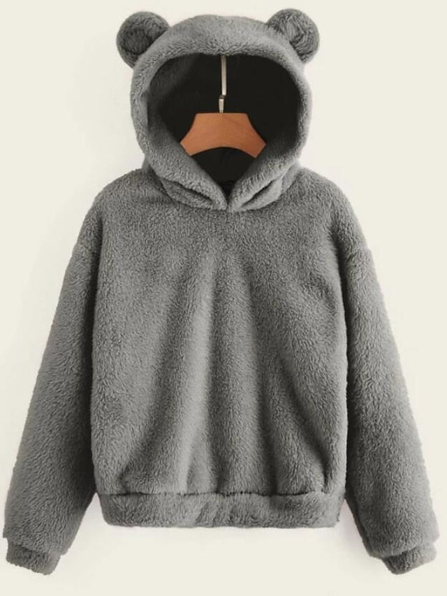women's fleece fuzzy bear ear hooded sweatshirts hoodie long sleeve casual pullover tops multicolor - LuckyFash™