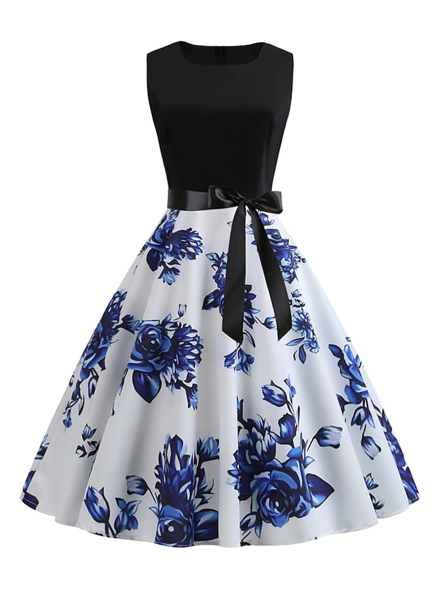 Women's Elegant Retro Vintage Dress Midi Dress Party Evening Party With Belt Print Floral Crew Neck Sleeveless Regular Fit Summer Spring 2023 Blue S M L XL - LuckyFash™