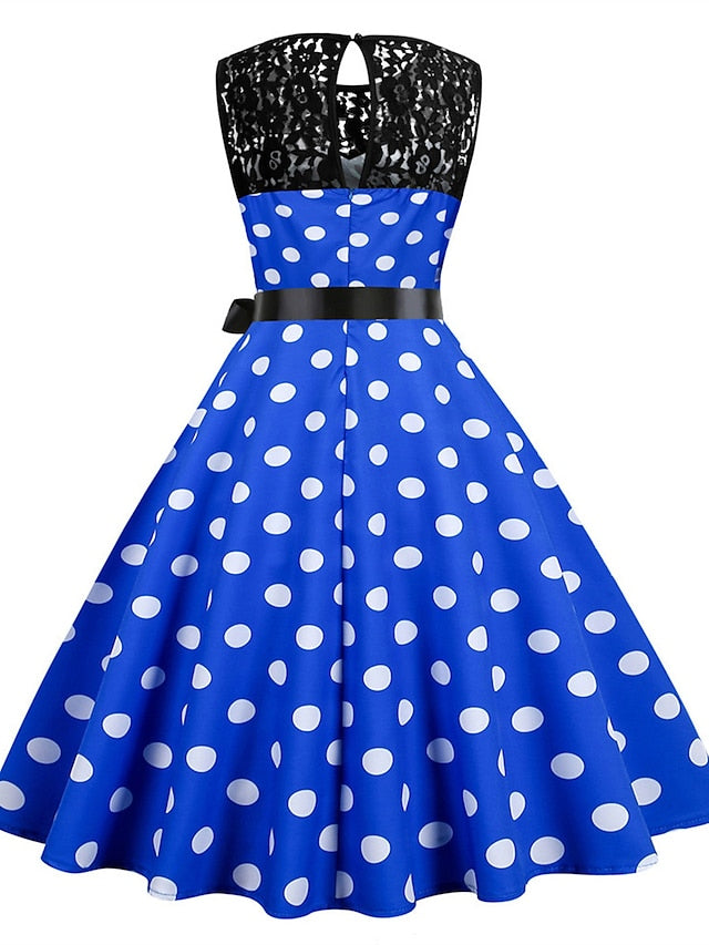 Women's Elegant Retro Vintage Dress Midi Dress Outdoor Holiday Lace Polka Dot Crew Neck Sleeveless Regular Fit Summer Spring 2023 Black White S M L XL - LuckyFash™