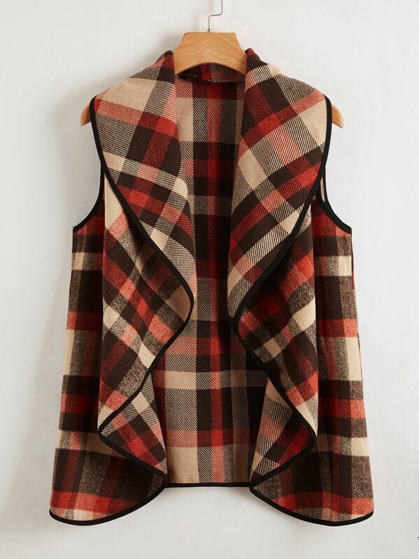 Asymmetrical Hem Plaid Waterfall Coat - LuckyFash™