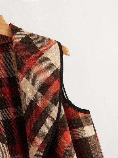 Asymmetrical Hem Plaid Waterfall Coat - LuckyFash™