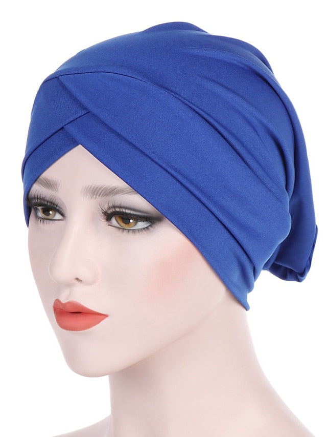 Solid Stretch Fabric Forehead Cross India Cap Turban Hat Women Elastic Turban Muslim Hijab Islamic India Hair Loss Caps Scarf Headwraps - LuckyFash™