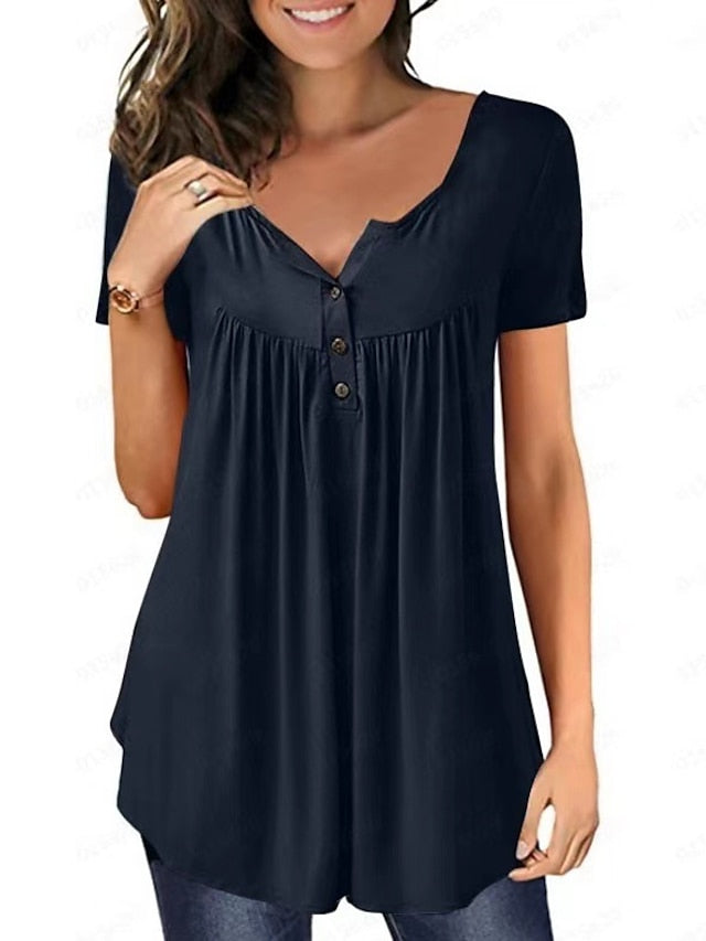 Women's Henley Shirt T shirt Tee Black White Red Plain Button Short Sleeve Casual Daily Basic Daily Casual Round Neck Long S - LuckyFash™