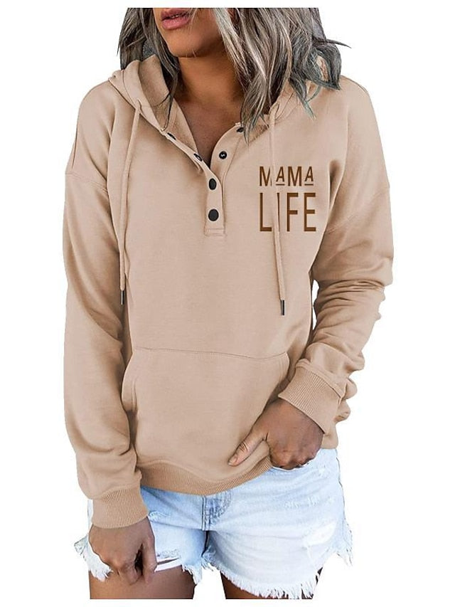 Women's Hoodie Sweatshirt Pullover Active Streetwear Button Front Pocket Blue Purple Pink Mama Life Casual Hoodie Long Sleeve S M L XL XXL - LuckyFash™